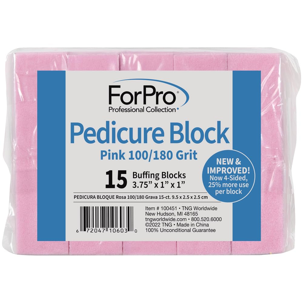 Pink Pedicure Block, 100/180 Grit, Three-Sided Pedicure Nail Buffer, 3.75” L X 1” W X 1” H, 15-Count