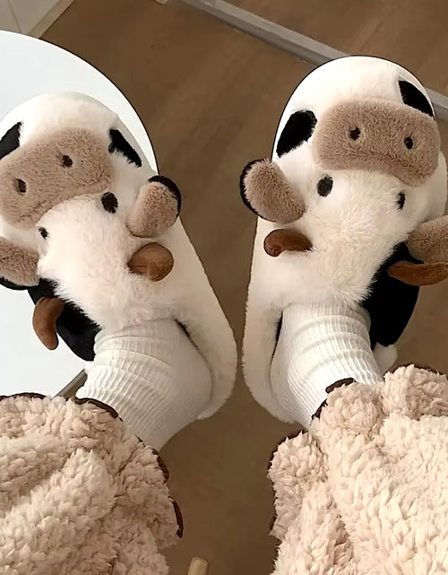 Load image into Gallery viewer, Women&#39;S Cartoon Cute Cow House Slippers Warm plus Lined Closed Toe Fuzzy Home Slides Women&#39;S Fluffy Comfy Shoes Winter Autumn
