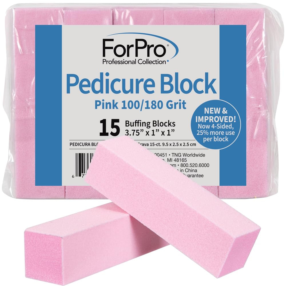 Pink Pedicure Block, 100/180 Grit, Three-Sided Pedicure Nail Buffer, 3.75” L X 1” W X 1” H, 15-Count