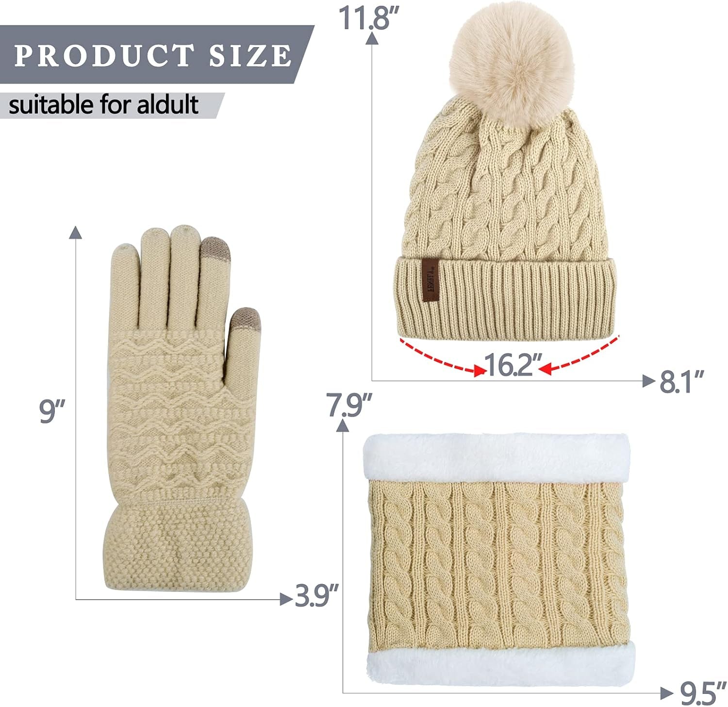 3Pcs Winter Women Beanie Hat Scarf and Touch Screen Gloves Sets Girls Classic Knit Warm Chunky Fleece Lined Cable Cap