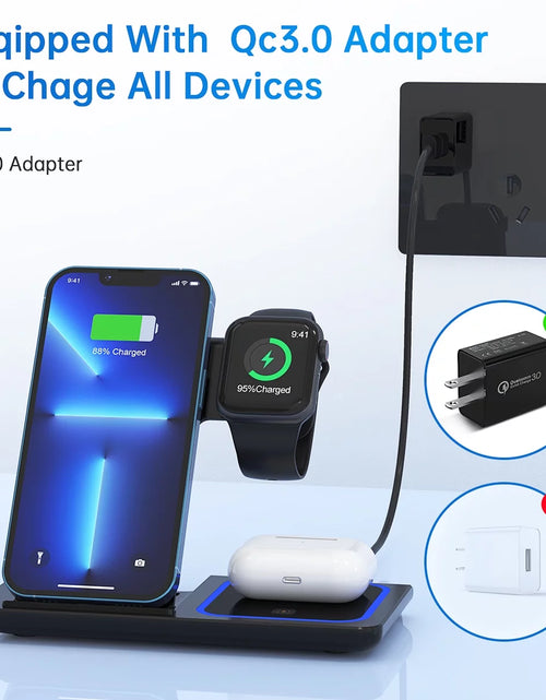 Load image into Gallery viewer, Wireless Charger, 18W Fast Iphone Charging Station for Iphone 16/15/14/13/12 /11/Pro Max/Plus, 3 in 1 Wireless Charging Stand for Iwatch Series SE 10/9/8/7/6/5/4/3, Airpods Pro/3/2 (W/ QC3.0 Adapter)
