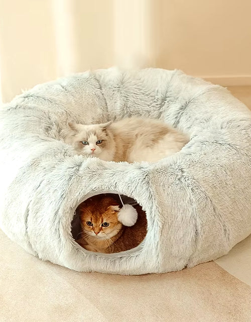 Load image into Gallery viewer, Plush Pets Cat Kennel Gray Foldable round Cats Nest Crossing Tunnel Bed Winter Warm Collapsible Basket Cushion Mat Pet Supplies
