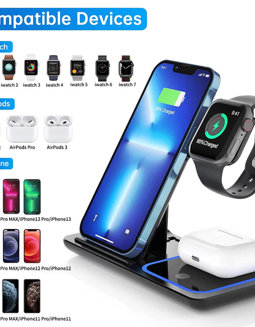 Load image into Gallery viewer, Wireless Charger, 18W Fast Iphone Charging Station for Iphone 16/15/14/13/12 /11/Pro Max/Plus, 3 in 1 Wireless Charging Stand for Iwatch Series SE 10/9/8/7/6/5/4/3, Airpods Pro/3/2 (W/ QC3.0 Adapter)
